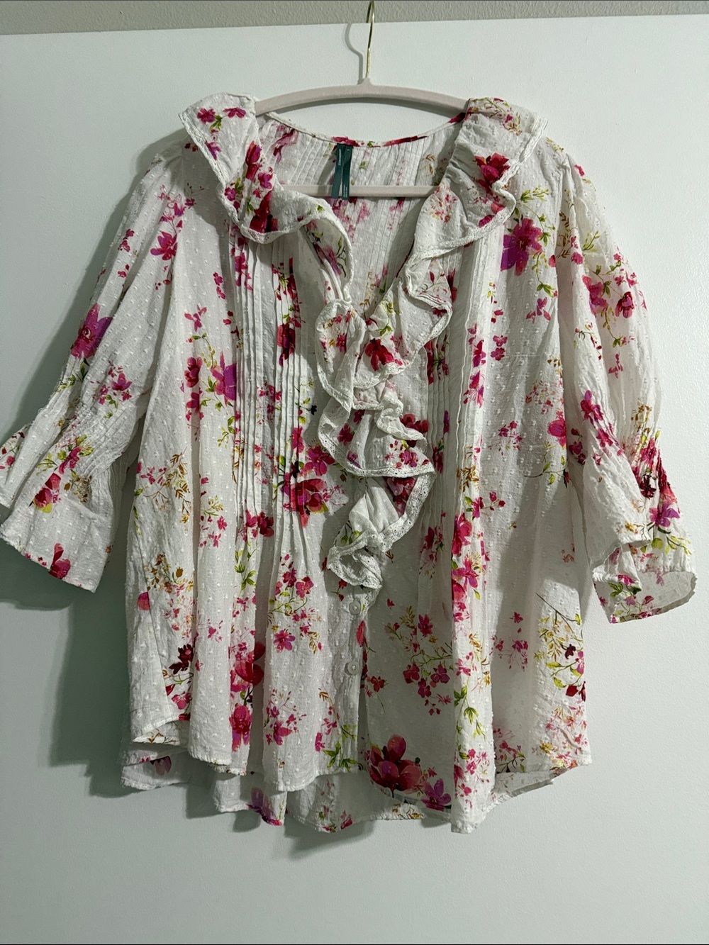Anthropologie White Blouse with Pink Floral Print